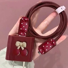 5pcs/Set Wine Red Cherry/Butterfly Design Protective Case Compatible With Apple 18-20W Charger, Data Cable Protector - Wine Red - View 2