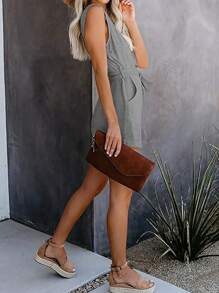 Macacão Solto Feminino Elegante Casual De Uma Peça Sem Mangas Com Bolsos Com Decote Em V E Botão Frontal - Cinza - Visão 3