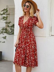 Vestidos florales vintage de mujer con cuello en V - Rojo - Ver 7