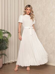 Women's Long Crepe Dress With Puffed Sleeves, Bow Waist And Pleated Skirt - Elegant And Sophisticated - 白色 - 查看 5