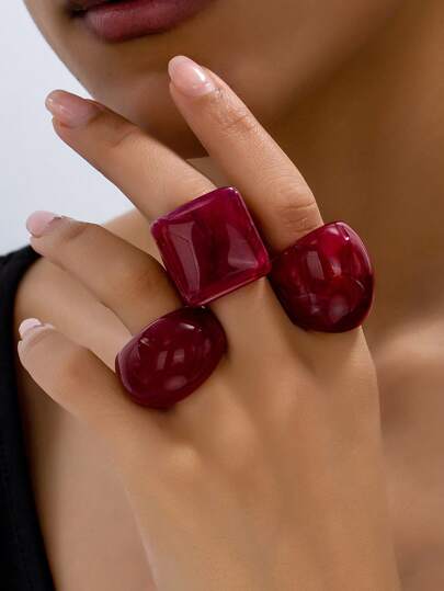 Set de 3 anillos de moda para mujer con diseño geométrico exagerado de formas cuadradas, esféricas y de burbujas, de resina simple en color rojo, con un diseño asimétrico y retorcido, apropiados para uso diario y de fiesta como regalo de Año Nuevo. (Debido al proceso de teñido artesanal, cada anillo tiene un patrón floral único, por lo que puede haber algunas diferencias de color entre los lotes)