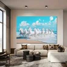 1 Pc Running White Horse Wooden Framed  Canvas Painting Thickness 2.25cm/0.9inch High Quality Wall Art Prints Poster Direct Hanging Wall Picture Decor For Home Gifts, Christmas Gift,Living Room, Bathroom, Bedroom, Kitchen