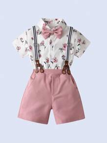 BOARNSEORL 2pcs Baby Boys Gentleman Outfit, Printed Shirt With Bow Tie And Overalls Shorts, Fashionablntic For Birthday Party, Valentine's Day