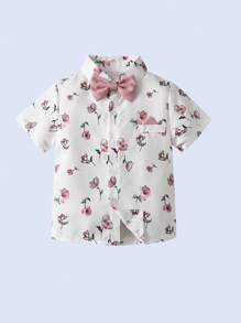 BOARNSEORL 2pcs Baby Boys Gentleman Outfit, Printed Shirt With Bow Tie And Overalls Shorts, Fashionablntic For Birthday Party, Valentine's Day