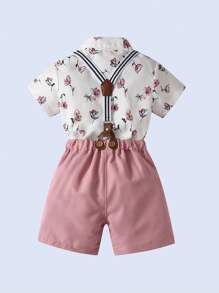 BOARNSEORL 2pcs Baby Boys Gentleman Outfit, Printed Shirt With Bow Tie And Overalls Shorts, Fashionablntic For Birthday Party, Valentine's Day