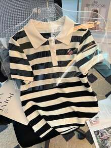 Girls' Cherry Striped Polo Shirt, Contrast Color Minimalist Design For Back To School, Teens 13-16Y - Black - View 3