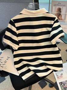 Girls' Cherry Striped Polo Shirt, Contrast Color Minimalist Design For Back To School, Teens 13-16Y - Black - View 2