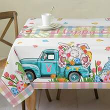 1pc, Happy Easter Tablecloth, Pink Plaid Table Cloth, Bunny, Truck,Tulip, Easter Eggs, Floral Tablecloth, Round Tablecloth, Rectangular Tablecloth, Easy Clean, Home Decor, Perfect For Kitchen, Living Room & Outdoor Party