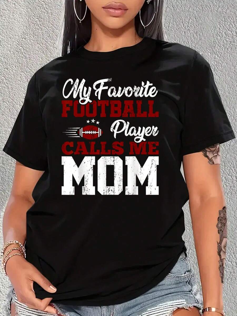 Mothers Day American Football Player Mom Sports Football T-Shirt Print Crew Neck T-Shirt, Women Graphic T Shirts, Casual Short Sleeve T-Shirt For Spring & Summer, Women's Clothing
