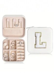 1 pièce Boîte de voyage pour bijoux avec initiale A-Z, étui de rangement multifonctionnel pour bijoux, mini boîte de rangement pour bijoux, organisateur de maquillage, porte-bijoux, sac cosmétique, sac de toilette, cadeau idéal pour les femmes, petite amie, amis, anniversaire, Noël, Halloween - Boîte de voyage pour bijoux avec initiale rose, cadeau de Noël pour adolescentes, retour à l'école
