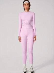 Conjunto de Top deportiva y pantalones de un solo color simple para mujer, ideal para yoga y uso diario