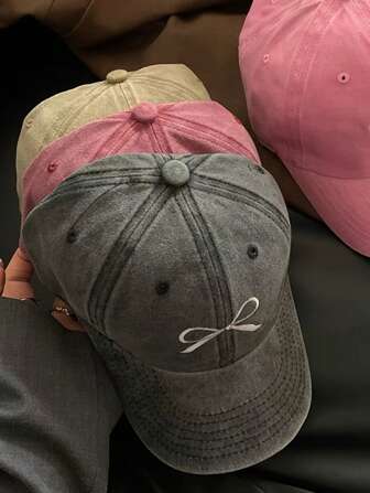 1 Pc Fashionable & Versatile Women Bow Embroidery Baseball Cap, Vintage Washed Distressed Style, Suitable For Daily Wear Valentines