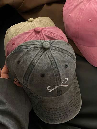 1pc Women's Fashionable & Versatile Bow Embroidery Baseball Cap, Vintage Washed Distressed Style Hat, Suitable For Daily Wear