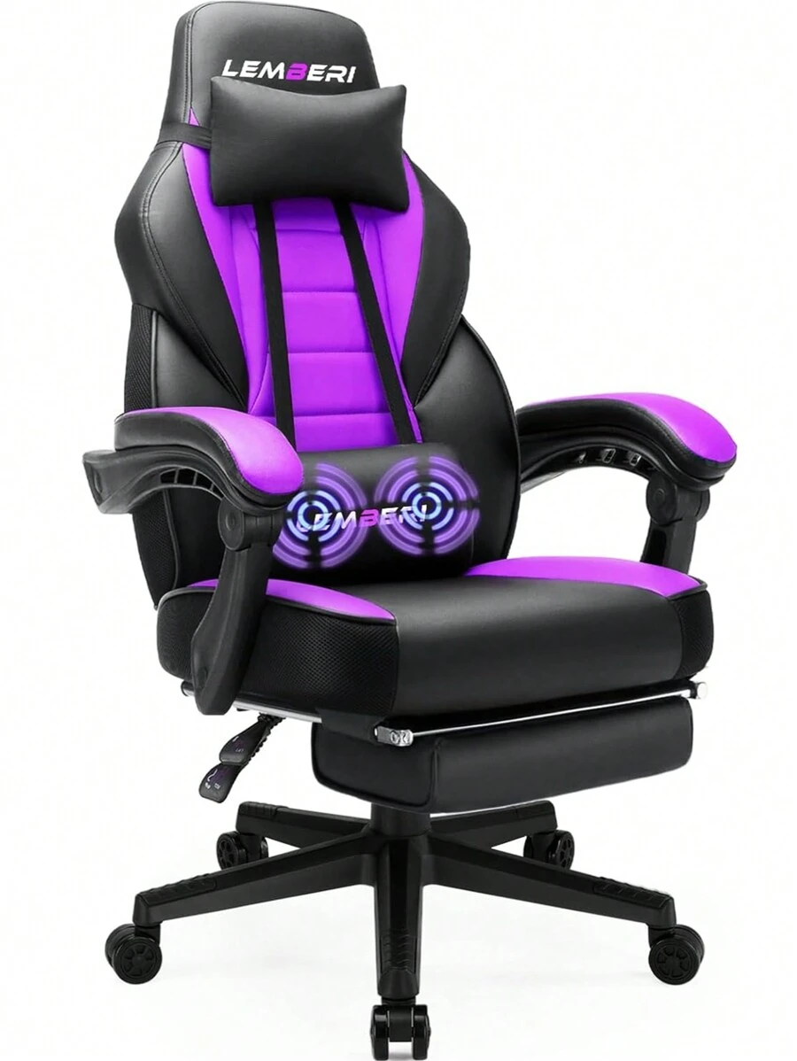Gaming Chair With Massage, Ergonomic Heavy Duty Design, Gamer Chair With Footrest And Lumbar Support, High Back Office Chair, Big And Tall Gaming Computer Chair,Halloween Decor - Black+Purple - View 1