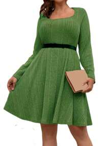 GoyRrbay Women's Plus Size Casual Sweater Dress Square Neck Long Lantern Sleeve Tie Waist Loose Pullover Sweater Dresses