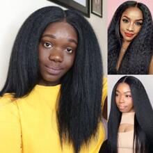U Part Wig Kinky Straight Wigs For Women, 26 Inch Yaki U Part Synthetic Straight Half Wig, Pgraded Clip In Wigs Yaki Straight U Part Extension Full Head U Shape Wig Clip In U Part Wig