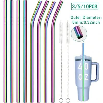 Juego de 3/5/10 piezas de sorbetes metálicos coloridos y cepillo de limpieza, compatible con tumblers de 40 oz, sorbetes de acero inoxidable 304 de 11.8 pulgadas de largo extra para vasos/copas altas, utensilios de bar para casa/cocina/fiesta, bonito regalo, artículos escolares