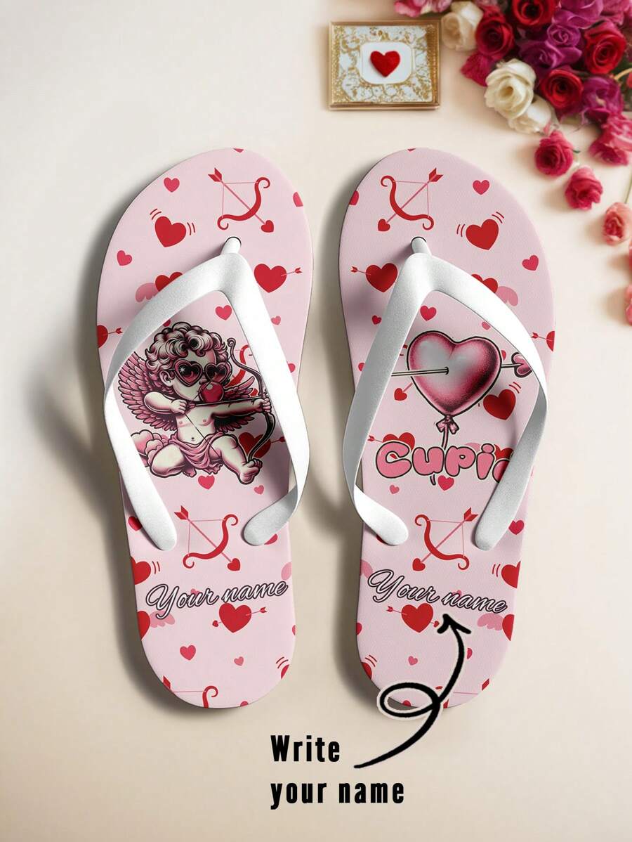 Benutzerdefinierten Flip-Flops für Paar - personalisiertes Namensdesign mit Amor- & Herzmustern, romantisches Valentinstags-Geschenk, personalisierte Sandalen für IHN & SIE für Jahrestage, Geburtstage, Flitterwochen, einzigartiges Paar-Matching Schuhe