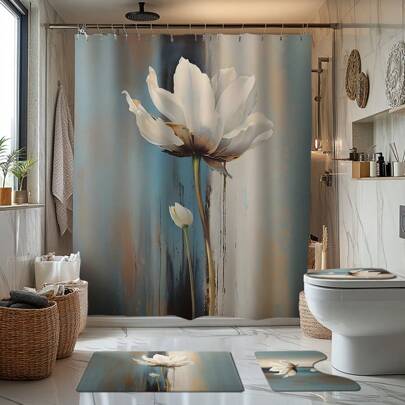 1/4pcs White Flower Themed Bathroom Set - Shower Curtain, Bath Mat, U-Shaped Toilet Lid Cover, Waterproof, Modern Style Shower Curtain, No Drilling Required, Machine Washable Room Decor Bathroom Accessories Back To School Bathroom Decor