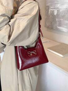 Bolso bandolera de mujer con decoración de lazo, de unicolor simple en PU, con forma de media luna. Un regalo de San Valentín perfecto