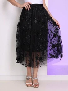 Evangelical Tulle Skirt With Embroidered Flowers Long Elegant And Elastic With Embroidered Flowers /Evangelical Skirts/Midi Skirt/Tulle Skirt/Long Skirt - 黑色 - 查看 2