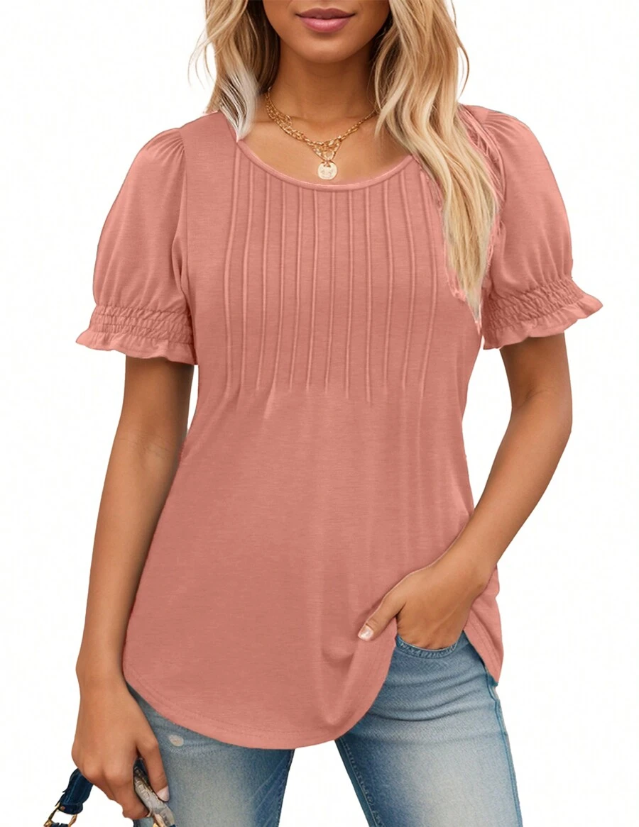 hoteel Women's Puff Short Sleeve Tunic Pleated Crew Neck Summer Shirt Formal Casual Loose T-Shirt - Hồng - Xem 1