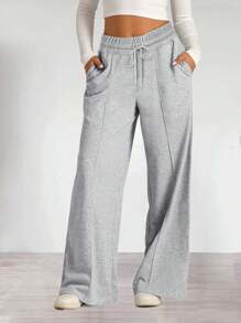 Women's Drawstring Stretch Low-Rise Jogging Sweatpants Casual Oversized Wide Leg Pants With Pockets - Grey - View 2
