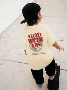 1 件装年轻男孩休闲图案印花圆领短袖 T 恤，有趣的地球图案，舒适时尚的年轻男孩 T 恤探索世界