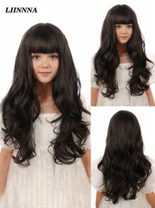 流行棕色 24 英寸长深波浪发洛丽塔假发带刘海合成假发适合儿童时尚浓密卷发假发女孩 - 棕色 - 查看 1