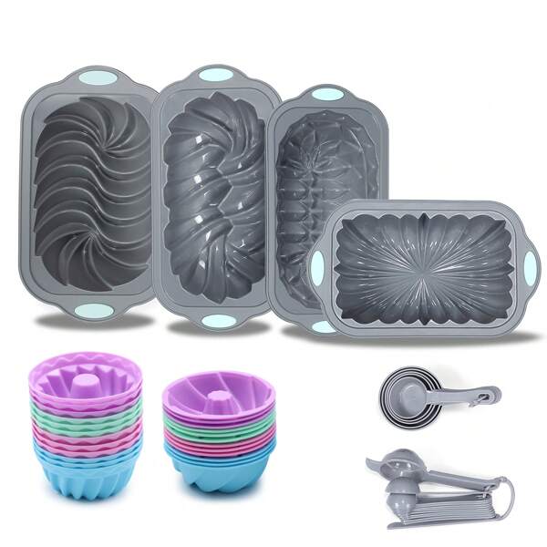 Set di 45 Stampi da Forno in Silicone, 4 Tazze Stampo da Forno in Silicone per Cuocere il Pane, Stampi da Forno, Stampi da Forno Antiaderenti da Cucina, con Set di Misurini e Cucchiai, Grigio