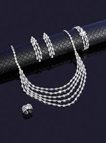 4pcs Fashionable Cubic Zirconia Luxurious Wedding & Evening Five Layered Necklace, Earrings, Bracelet, Open Ring For Women's Daily Wear - Set - View 6