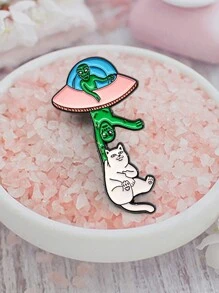 1 pieza Broche en forma de OVNI abduciendo a un gato blanco - Multicolor - Ver 5