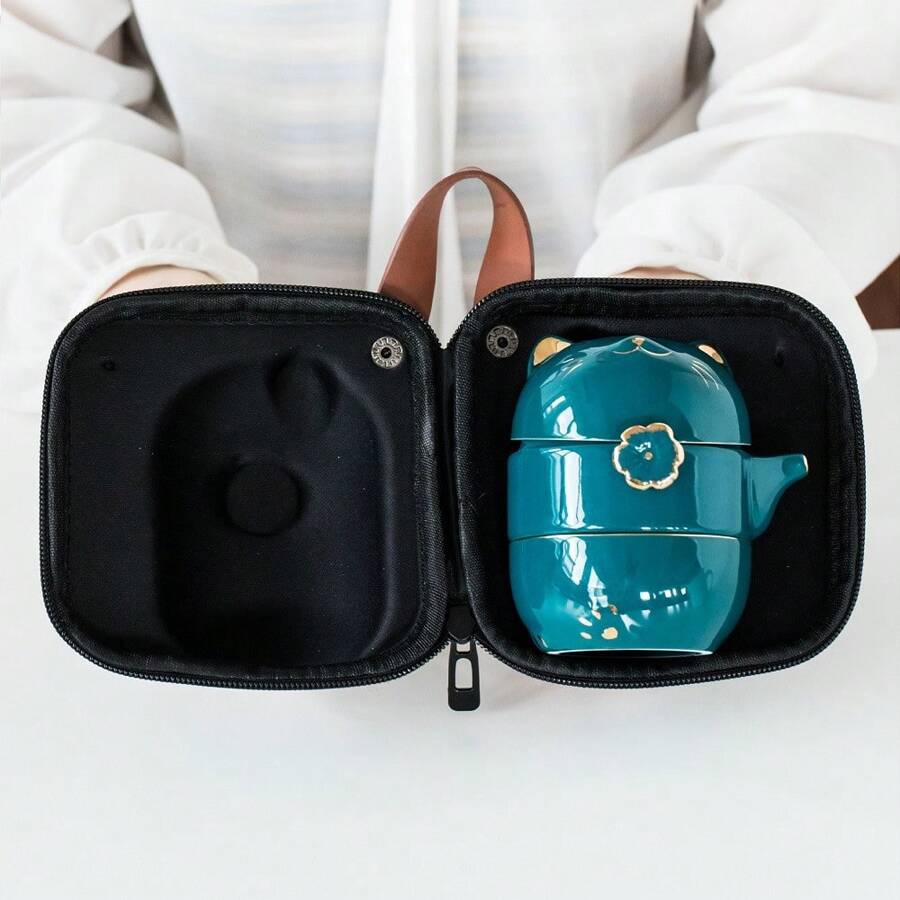Travel Tea Set With Portable Bag, Kung Fu Handmade Ceramic Teapot Set, All-In-One Teapot, 1 Pot 2 Cups, Suitable For Travel, Office And Home - Green - View 1