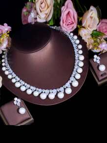 1 套超闪亮水滴方晶锆石大珍珠婚礼宴会新娘颈链项链和耳环派对服装首饰套装女士