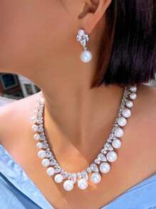 1 套超闪亮水滴方晶锆石大珍珠婚礼宴会新娘颈链项链和耳环派对服装首饰套装女士