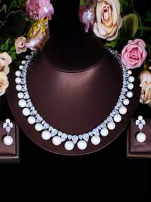 1 套超闪亮水滴方晶锆石大珍珠婚礼宴会新娘颈链项链和耳环派对服装首饰套装女士