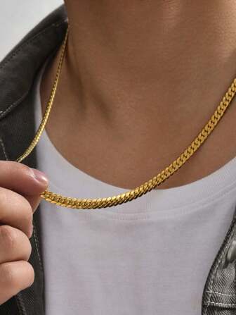 1pc Fashionable Simple Hiphop Stainless Steel Flat Link Chain Necklace, Suitable For Men's Everyday Wear