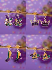 1 Pair Carnival Themed Women Earrings With Crown, Mask, Jester Hat, High Heel Charms In Yellow, Green, Purple