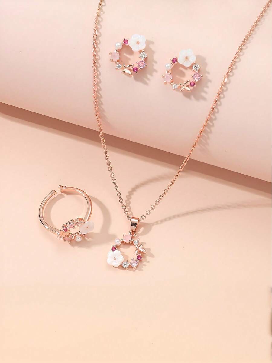4pcs/Set Girl's Delicate Floral Earrings, Rings, Necklace Jewelry Set, Fashion Suits For Ball, Party And Everyday