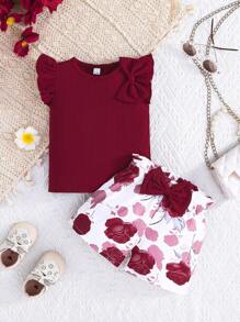 2 件套女婴夏季服装盖袖可爱蝴蝶结上衣搭配花朵印花休闲短裤 - 酒紅色 - 查看 2