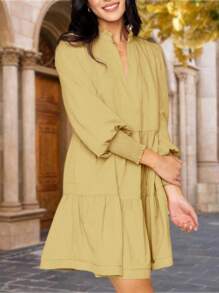 Womens Fall Long Sleeve Tunic Dress Casual V Neck Loose Ruffle Tiered Dress