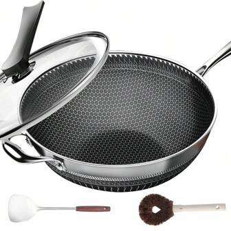 Wok Pan,Hybrid 13.4 Inch Wok With Lid, PFOA Free Cookware,Non Stick Stainless Steel Woks & Stir-Fry Pans Nonstick, Dishwasher And Oven Safe, Works On Induction