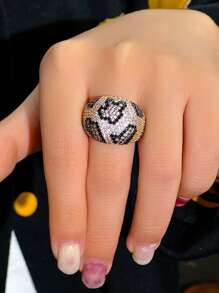 1 pieza Anillo grande para dedo con patrón de leopardo y serpiente con pavé de circonita cúbica de lujo, accesorio de joyería creativo y único para compromiso, desfile, boda y fiesta