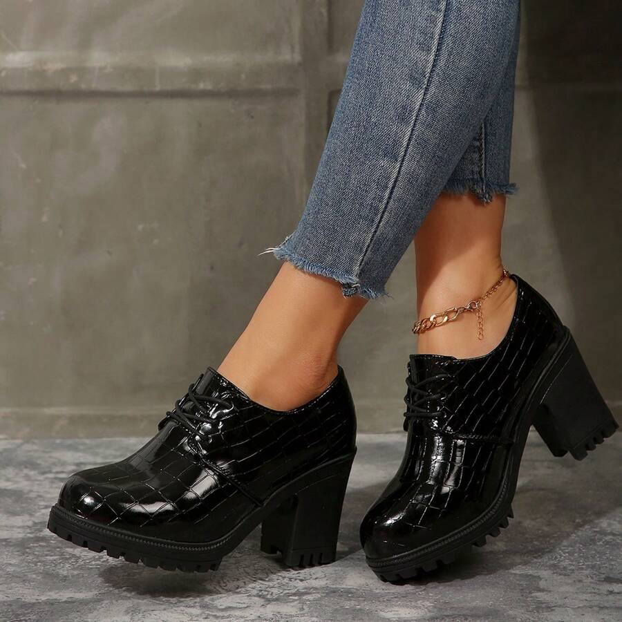 Zapatos lacados con relieve y escote en V profundo, nueva temporada primavera-otoño 2024. Zapatos de tacón grueso con puntera redonda, de, de tacón medio, con cordones y brillo para mujer - Negro - Ver 1