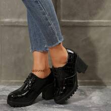 Zapatos lacados con relieve y escote en V profundo, nueva temporada primavera-otoño 2024. Zapatos de tacón grueso con puntera redonda, de, de tacón medio, con cordones y brillo para mujer - Negro - Ver 6