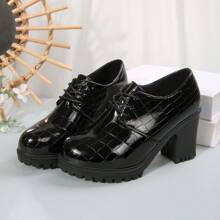 Zapatos lacados con relieve y escote en V profundo, nueva temporada primavera-otoño 2024. Zapatos de tacón grueso con puntera redonda, de, de tacón medio, con cordones y brillo para mujer - Negro - Ver 3