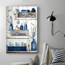 1 Pc Blue Bathroom Decor Wall Art Rustic Blue Bathroom Canvas Wall Decor Bathroom Please Seat Yourself Sign Print Painting Vintage Aesthetic Bathroom Picture Artwork Decor