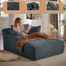 LUCKHAO 49.2" Oversized Chaise Lounge Chair, Comfy Corduroy Fabric Single Sofa Chair, Upholstered Reading Lounge Chair With Pillows For Living Room Or Bedroom, Frameless Design, Dark Grey - 深灰色 - 查看 3