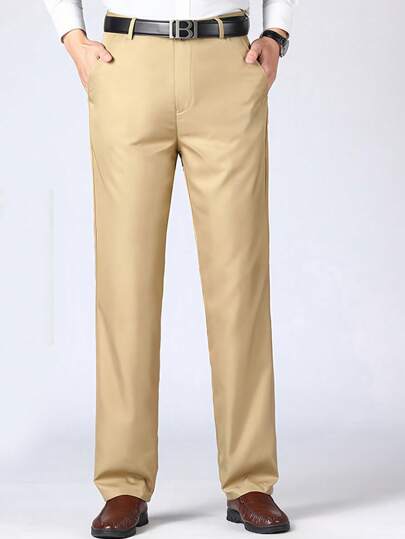 Moda Color Sólido Hombres de Negocios Slim Fit Traje Pantalones, corte recto, slim fit, con bolsillos para el almacenamiento, adecuado para casual, asistir a bodas, banquetes eventos, ocasiones formales o desgaste diario, incluyendo negro, azul, gris oscuro y pantalones de traje de color caqui.