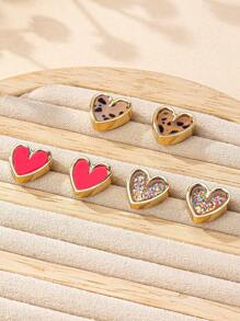3 Pairs Romantic Valentine's Day Fashion Elegant Charming Cute & Delicate Metal Earrings, Stylish Leopard Print & Pink Heart Stud Earrings, Versatile For Commuting & Daily Wear, New Arrival Valentines - Colorful Leopard Pink 3-pair Set - View 12